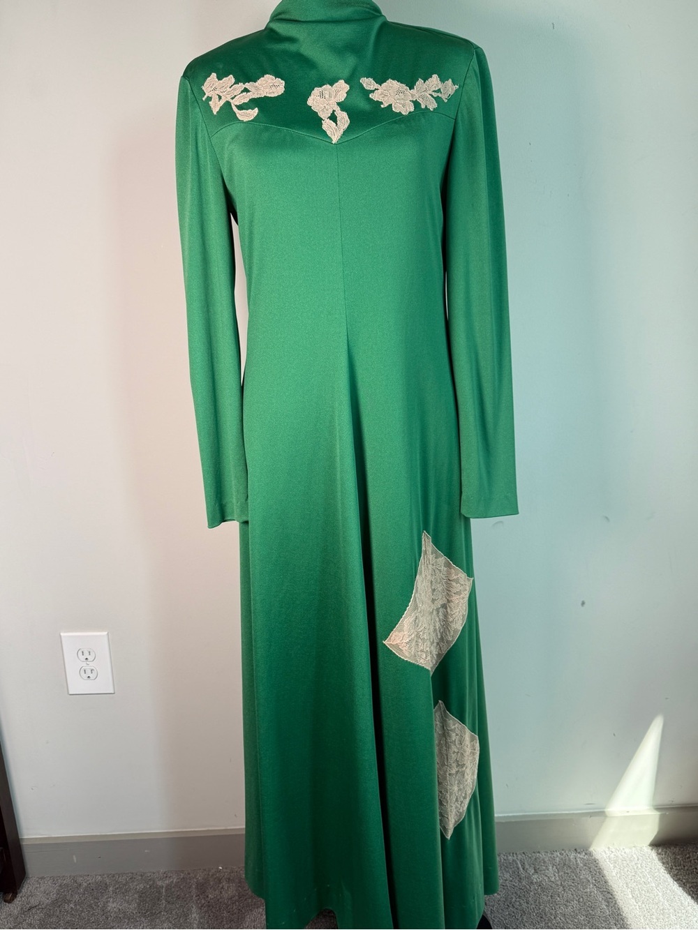 House of Branell Vintage 70s Green Maxi Dress Lace Appliqué - S/M - Picture 1 of 9